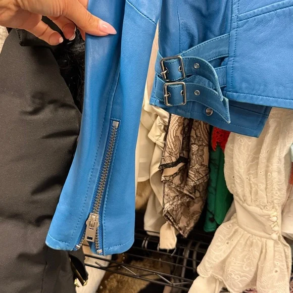 Iro Blue Leather Biker moto motorcycle Jacket Ashville - Picture 5 of 5